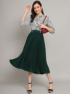 Kzully WomenS Print 3/4 Sleeve Pleated Midi Dress With Belt Green