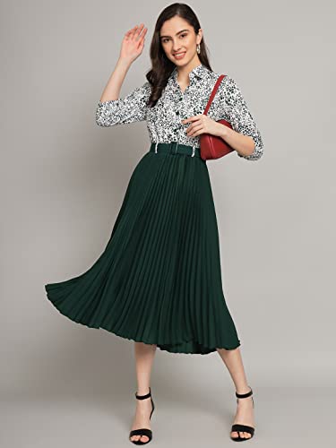Kzully WomenS Print 3/4 Sleeve Pleated Midi Dress With Belt Green