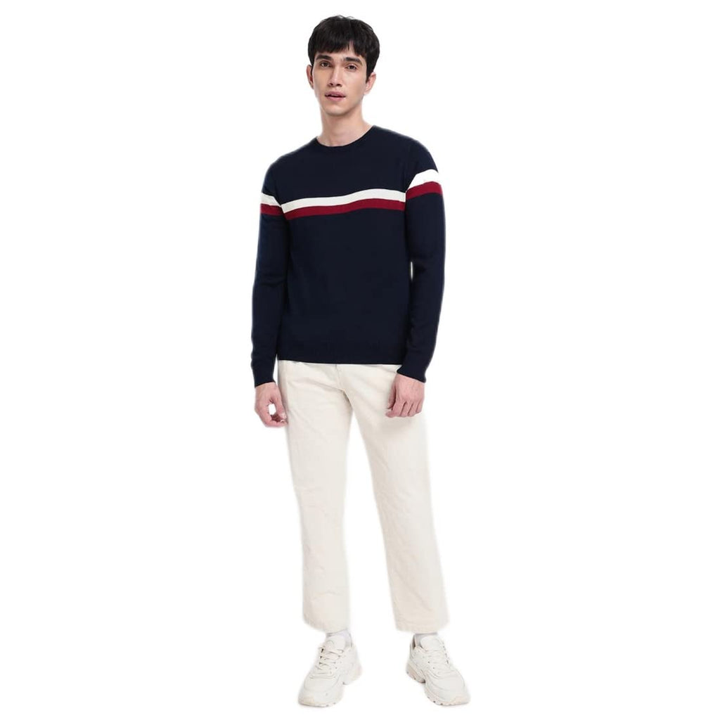 Bewakoof Mens Striped Blue Round Neck Full Sleeve Sweater