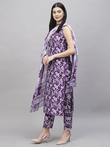 ANNI DESIGNER Womens Rayon Blend Straight Printed Kurta with Pant & Dupatta (Ball-Purple-RKG_XL_Purple_X-Large)