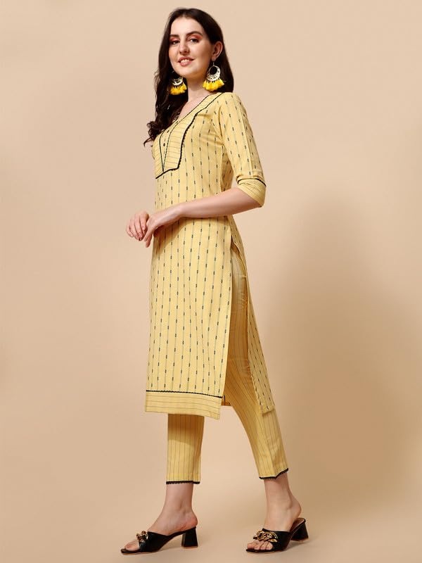 Nainvish Women'S Cotton Printed Straight Round Neck Kurta Pant With Dupatta (Sd477_Kbd_Yellow)