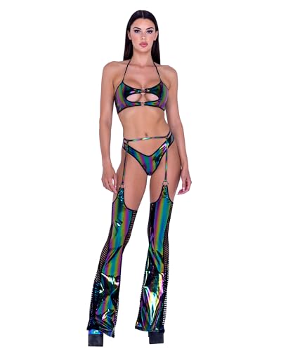 6493 - Rainbow Print Vinyl & Fishnet Chaps