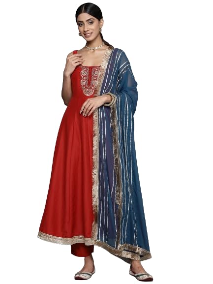 Varanga Women Red Scalloped Round Neck Yoke Embroidered, Spaghetti Strap Style Anarkali Kurta Paired With Tonal Bottm And Contra