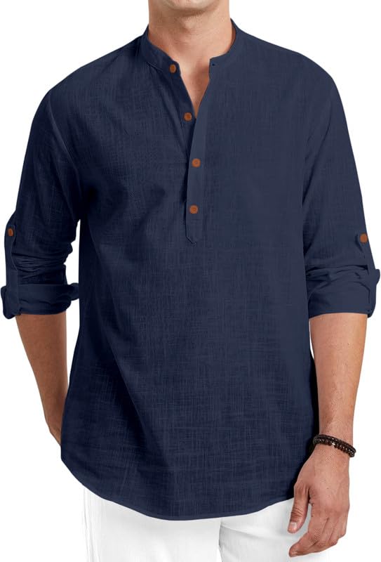 Macsivo MenS Cotton Polyester Blend Solid Regular Fit Full Sleeve Short Kurta | Lightweight Summer Short Kurta Navy