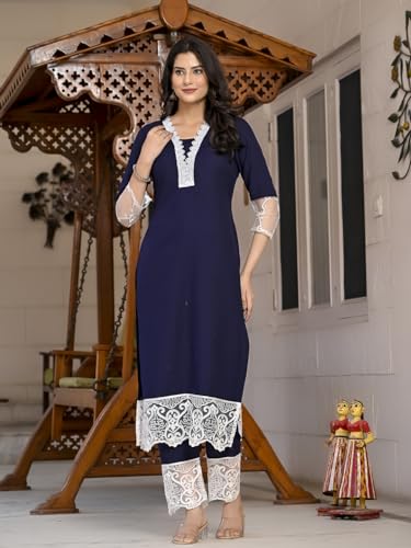 ANNI DESIGNER Womens Cotton Blend Straight Solid Kurta with Pant (Takada Navy Blue_XL_Navy Blue_X-Large)