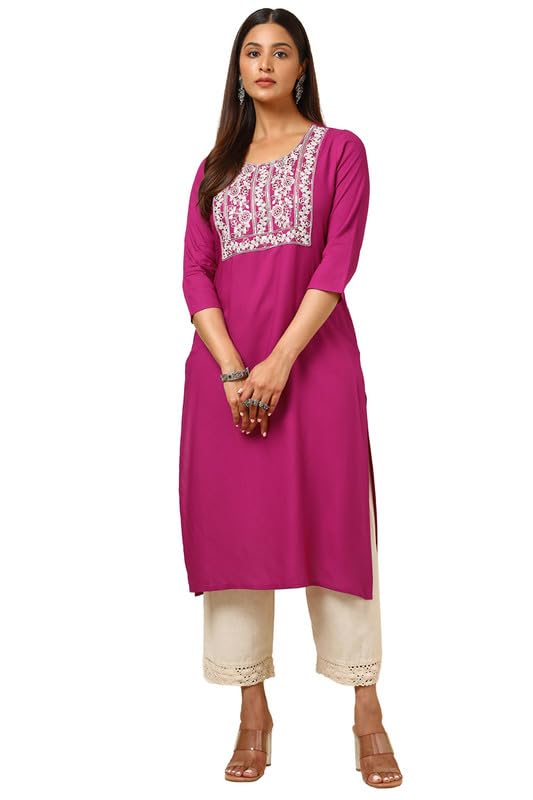 Soch Womens Magenta Rayon Embroidered Kurta With Sequins