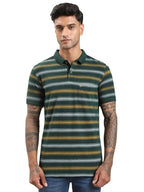 Turtle Men Pure Cotton Green Striped Polo T-Shirt