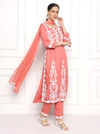 Kaari WomenS Chikankari Kurta Set With Dupatta - A-Line Fit | Chiffon Dupatta With Embroidered Band | Straight Pant With Side P