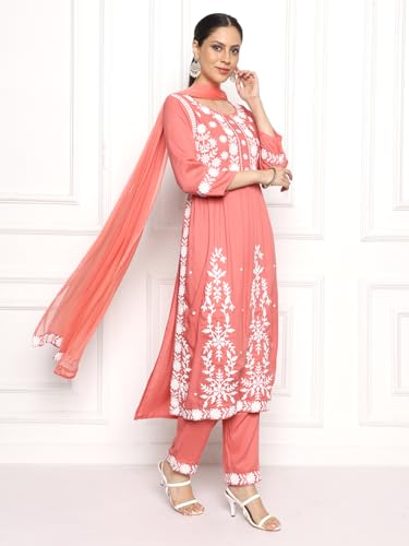 Kaari WomenS Chikankari Kurta Set With Dupatta - A-Line Fit | Chiffon Dupatta With Embroidered Band | Straight Pant With Side P
