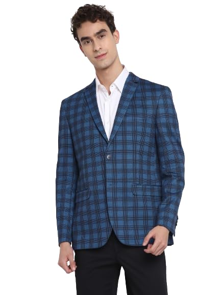 Turtle Men Knitted Blue Checkered Regular Fit Full Sleeve Casual Blazer