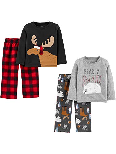 Simple Joys by Carter's Toddler Boys' 4-Piece Loose-Fit Fleece Pajama Set, Grey Animal/Black Stripe, 4T
