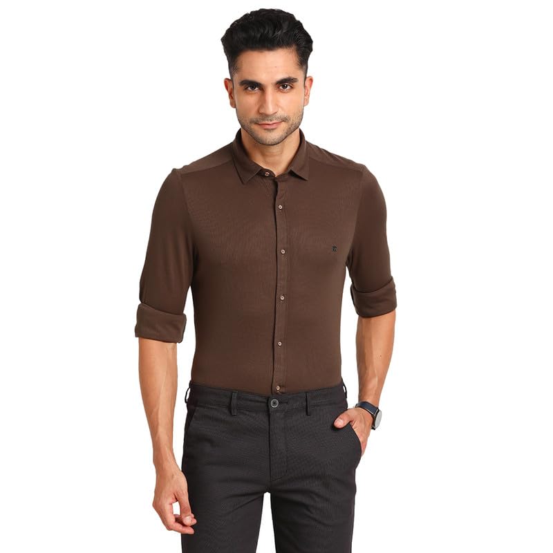 Turtle Men Knitted Slim Fit Brown Printed Full Sleeve Casual Shirt