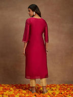 Libas Fuchsia Woven Design Chanderi Silk Straight Kurta