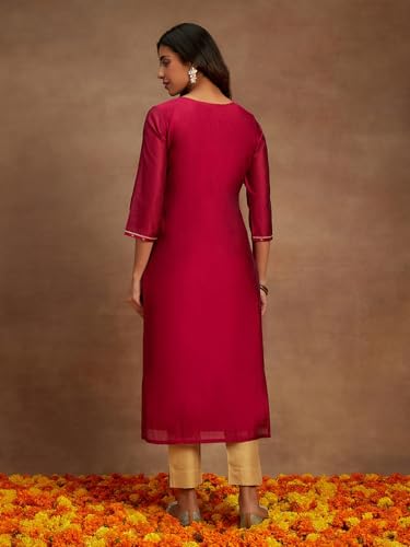 Libas Fuchsia Woven Design Chanderi Silk Straight Kurta