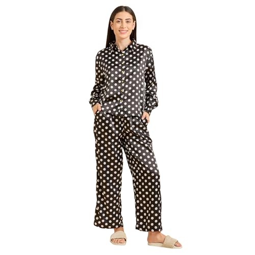 Sweet Dreams Women Printed Front Open Pyjama Set Black