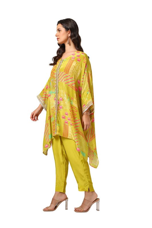 Soch Womens Light Green Viscose Crepe Floral Print Kaftan Suit With Gotta Patti