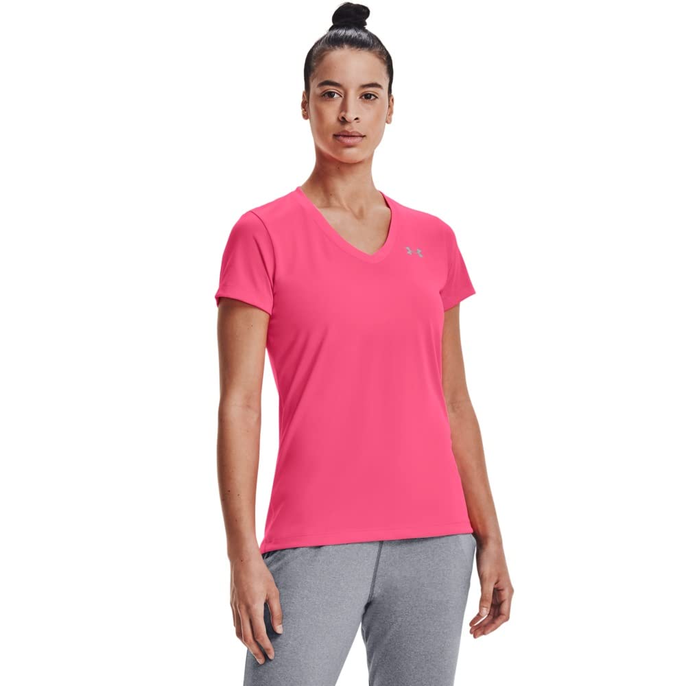 Under Armour womens Tech V-Neck Short-Sleeve T-Shirt , Cerise (653)/Metallic Silver , Small