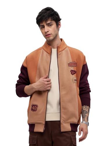 The Souled Store Ticket To Nowhere Men and Boys Long Sleeves Stand Collar Zipper Front Brown Cotton Blend Oversized Racer Jacket