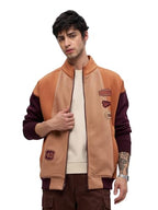 The Souled Store Ticket To Nowhere Men and Boys Long Sleeves Stand Collar Zipper Front Brown Cotton Blend Oversized Racer Jacket