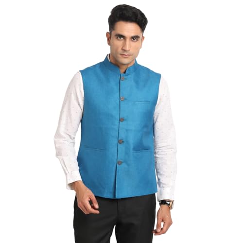 Turtle Men Polyester Solid Slim Fit Teal Blue Nehru Jacket