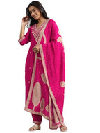 Libas Womens Embroidered Viscose Straight Kurta With Salwar And Dupatta