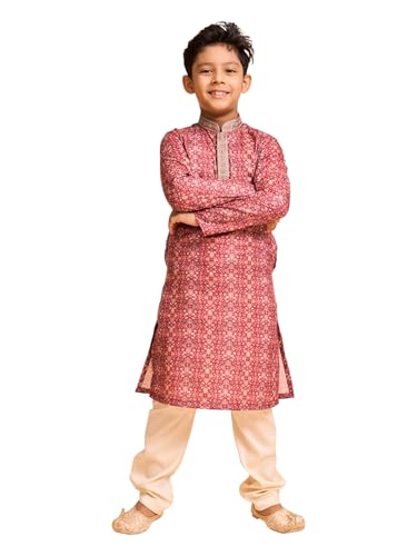 Manyavar Boys Viscose Blend Floral Printed Kurta Pyjama Set (Maroon,10-12Y)