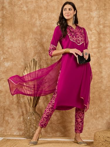 Ziyaa Women Women'S Maroon Crepe Kurta, Pant And Dupatta Set