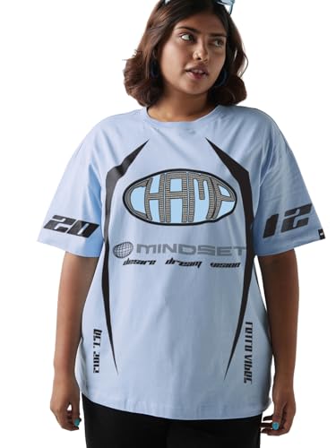Bewakoof Women Graphic Print Oversized Fit Half Sleeve Round Neck Cotton Jersey Plus Size Tshirt_654537_Blue_4Xl