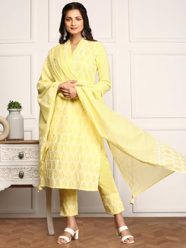 Ishin Women Yellow Cotton Kurta Set With Dupatta