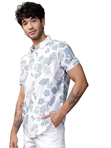 LookMark Mens Cotton Blend Stitched Solid Half Sleeve Regular Fit Shirt(Printed Regular Fit Shirt Blue Leaf-XL)