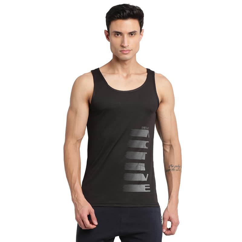Turtle Men Cotton Blend Black Printed Tank Vest