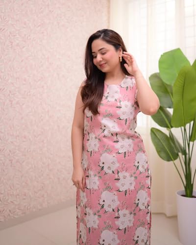 Leriya Fashion WomenS Floral Printed Sleeveless Kurta Set With Pant | Stylish Long Kurti & Trouser Set For Office & Casual Use