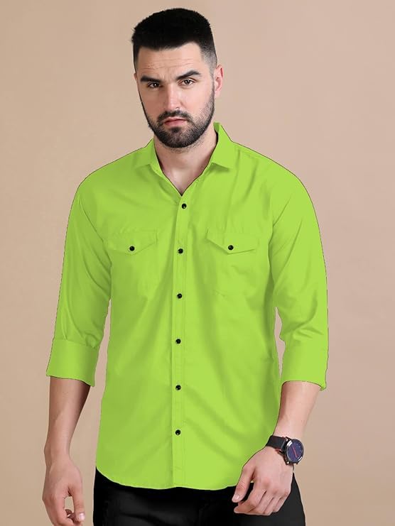 Rebelify MenS Double Pocket Shirt  Classic Casual Cotton Blend With Adjustable Cuffs Pista