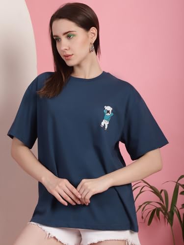 Preneum Womens Cotton Graphic Latest Printed Baggy Fit Drop-Shoulder Sleeves Cotton Oversized T-Shirt || Round Neck || Half Sle