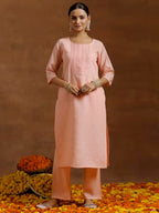 Libas Gerua Womens Embroidered Silk Blend Straight Kurta With Trousers