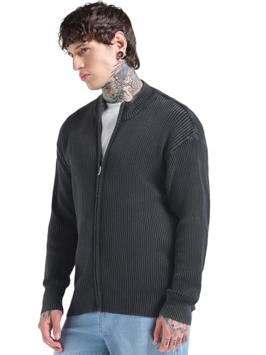 Bewakoof MenS Textured Oversized Fit Full Sleeve High Neck Pure Cotton Sweater_680222_Black_M