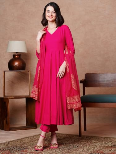 ANNI DESIGNER Womens Rayon Blend Solid Anarkali Kurta with Pant & Dupatta (Magic-Pink-NB_L_Pink_Large)