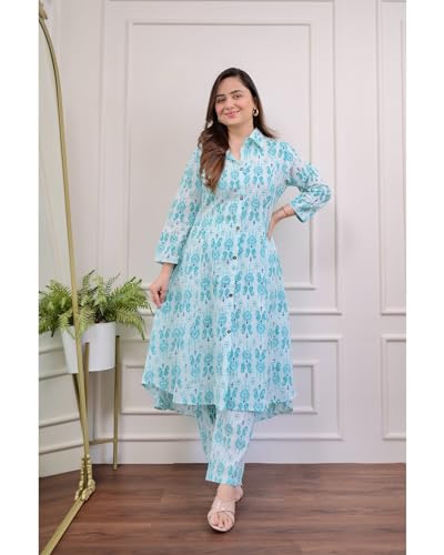 ANNI DESIGNER Womens Cotton Blend Anarkali Printed Kurta with Pant (DIPU Sky_L_Sky Blue_Large)