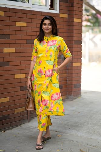 ANNI DESIGNER Womens Rayon Viscose Straight Printed Kurta with Pant (Ladat Yellow_XXL_Yellow_XX-Large)