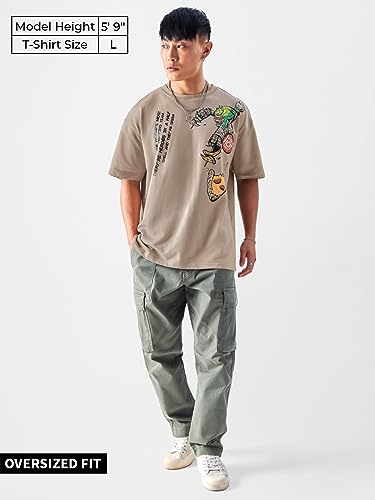 The Souled Store Official Tmnt: Booyashaka Mens And Boys Oversized Fit Graphic Printed Half Sleeve Cotton Light Brown Color Oversized Tshirt
