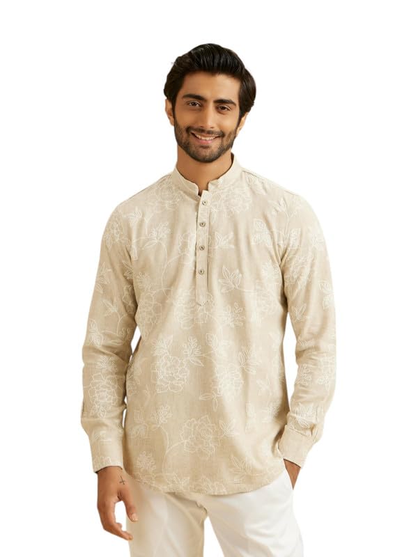 Manyavar Mens Linen Blend Embroidery Short Kurta (Natural,M)