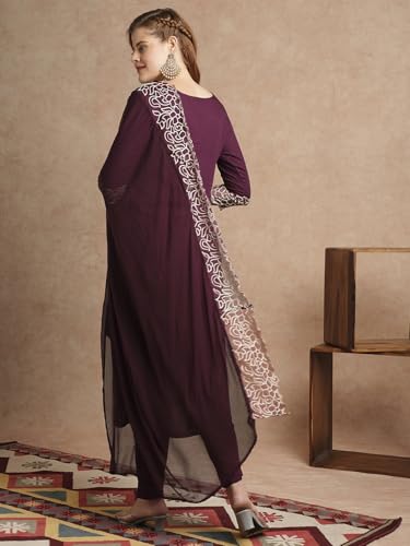 ANNI DESIGNER Womens Rayon Blend Straight Embroidered Kurta with Pant & Dupatta (TRP Wine_L_Wine_Large)
