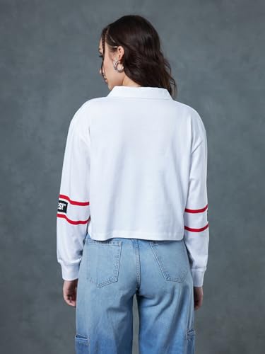 Bewakoof Official Looney Tunes Merchandise Womens Graphic Printed Oversized Fit Full Sleeve Cotton Polo Short Top_615089_White_