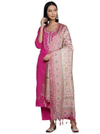 Varanga Women Embroidered Yoke Straight Kurta Paired With Tonal Bottom And Printed Bhagalpuri Dupatta