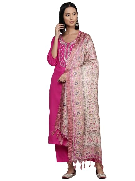 Varanga Women Embroidered Yoke Straight Kurta Paired With Tonal Bottom And Printed Bhagalpuri Dupatta