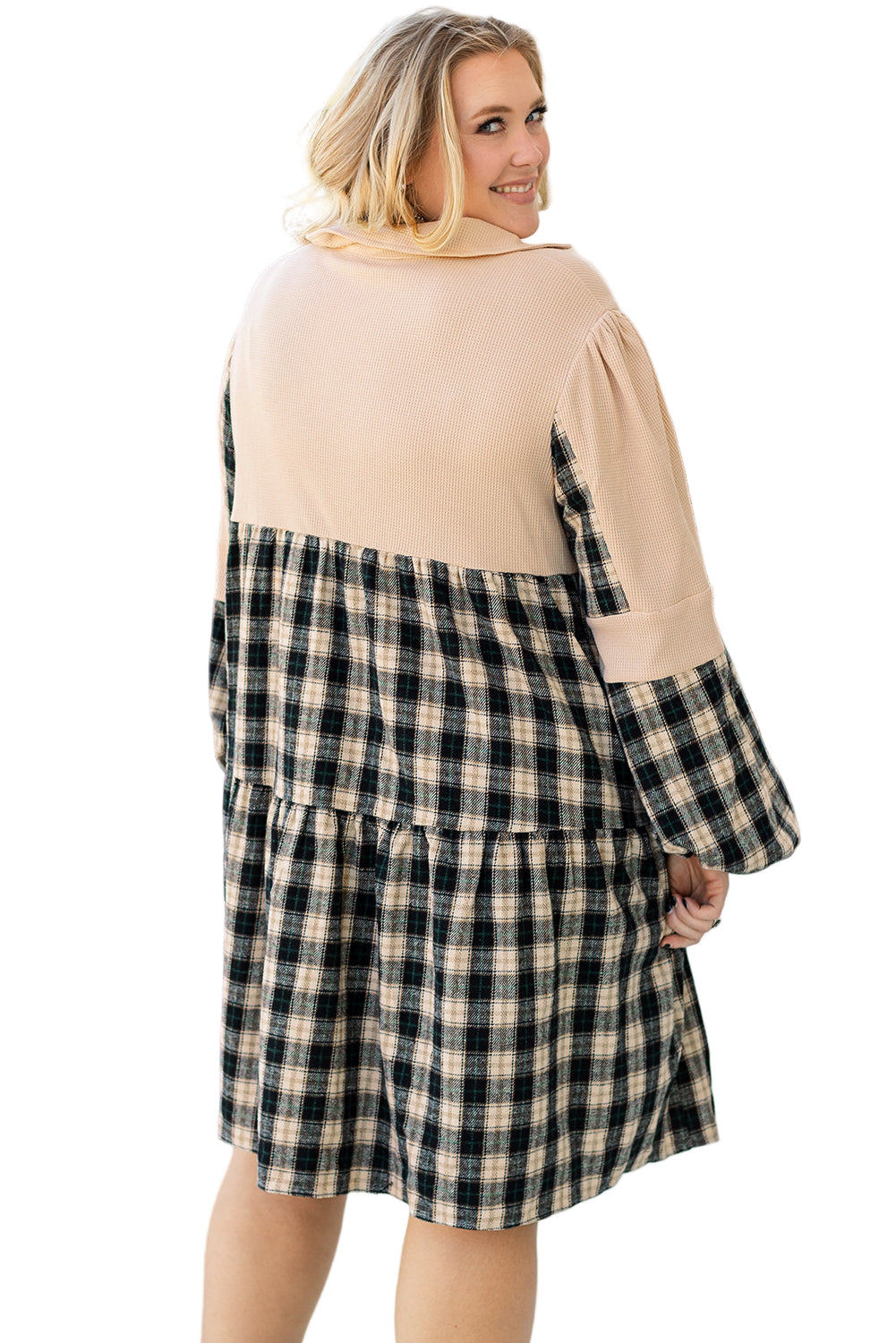 Black Plaid Waffle Knit Patchwork Collared V Neck Plus Size Mini Dress
