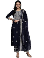 Varanga Women'S Rayon Floral Geometric Polka Dot Kurta Set Navy Blue - Comfortable Regular Fit, Elegant & Versatile, Ideal For C