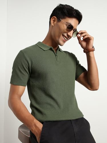 Nobero MenS Self Design Regular Fit Polo Shirt (1M-Twpo-R0014_Olive Green