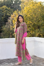 ANNI DESIGNER Womens Cotton Blend Straight Printed Kurta with Pant & Dupatta (DEEPAL Pink_M_Pink_Medium)