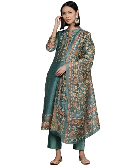 Varanga Women Blue Floral Printed Straight Kurta Paired With Tonal Bottom And Printed Dupatta